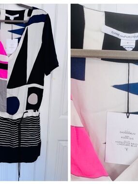 Diane von Furstenberg Kids Geometric Print Top in Navy, Pink & White